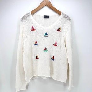 Wooden Ships M/L ANCHOR RAGLAN White Cotton V-Neck Sweater Nautical Anchors